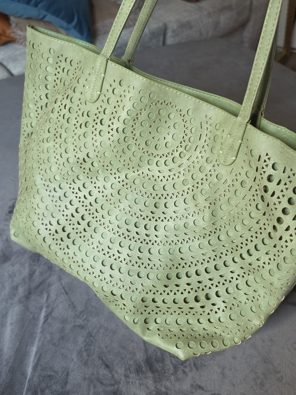 Sage Green Laser Cut Tote Bag Faux Leather